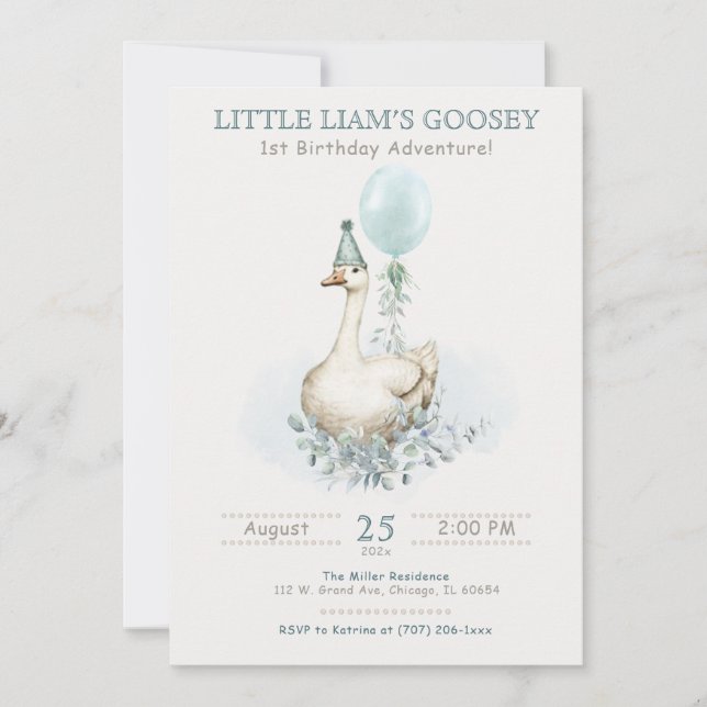 Invitación Cumpleaños editable de ganso tema para el primer a (Anverso)