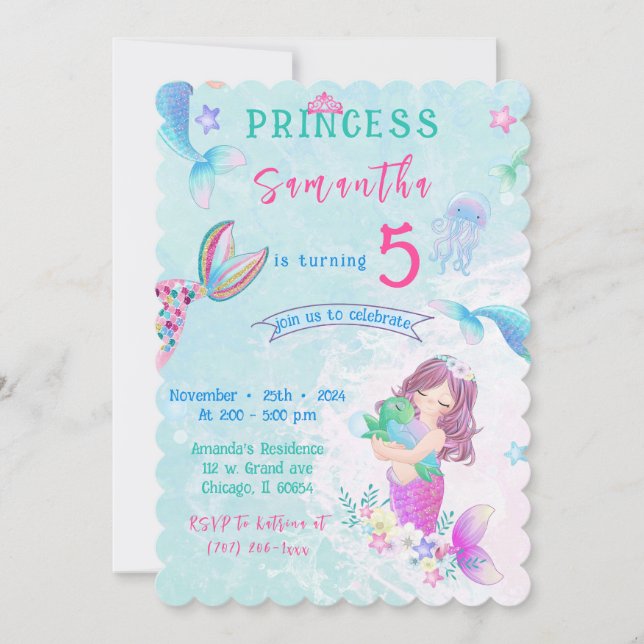 Invitación Cumpleaños Editable de la Sirena (Anverso)