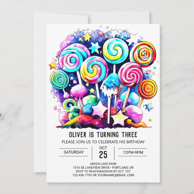 Invitación Cumpleaños editable en Candyland (Anverso)