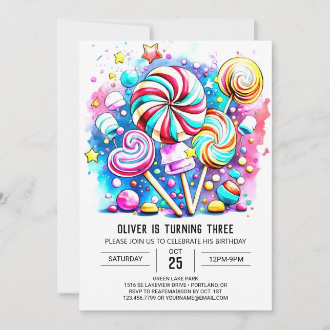 Invitación Cumpleaños editable en Candyland moderna (Anverso)