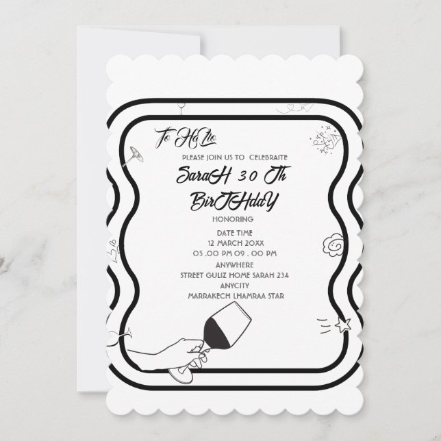 Invitación Cumpleaños Editable Fiesta Invi Dibujado a Mano  I (Anverso)