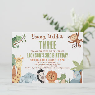 Invitación Cumpleaños editable marrón verde joven salvaje tre