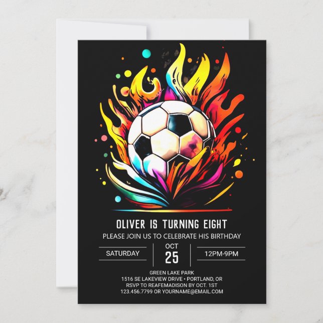 Invitación Cumpleaños editable para niños de fútbol de colore (Anverso)