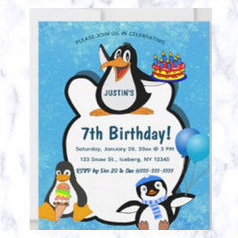 Invitación Cumpleaños Editable Pingüinos en la Nieve