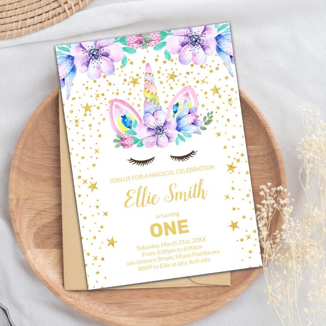 Invitación Cumpleaños editable Purple Floral Unicornio (Purple Floral Unicorn Birthday Invitations)