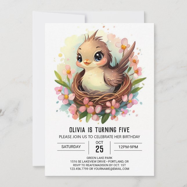Invitación Cumpleaños Editable Songbird (Anverso)