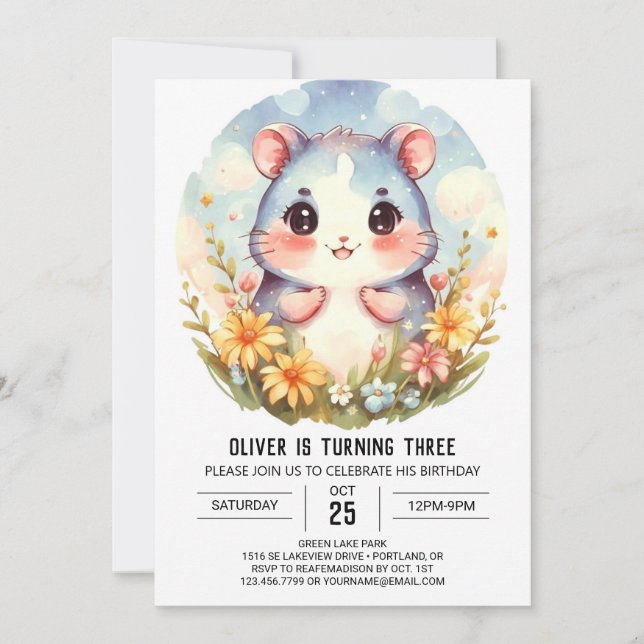 Invitación Cumpleaños Editable Whimsical Hamster (Anverso)