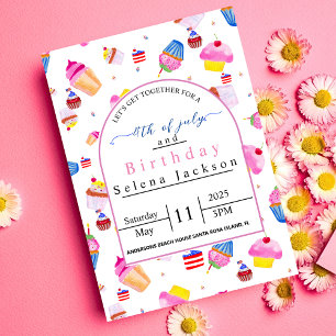 Invitación Cumpleaños el 4 de julio  pastelito rosa con bande