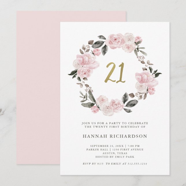 Invitación Cumpleaños el | Rubor de la acuarela floral del (Anverso / Reverso)