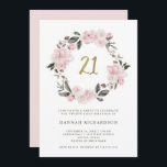 Invitación Cumpleaños el | Rubor de la acuarela floral del<br><div class="desc">La primera invitación del cumpleaños estos veinte dulces y elegantes ofrece un silenciado, la apariencia vintage se ruboriza guirnalda rosada con los peonies y los rosas de la acuarela, y follaje y las hojas gris oscuro, en un fondo blanco. La falsa tipografía moderna de la escritura del oro dice "21",...</div>