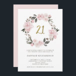 Invitación Cumpleaños el | Rubor de la acuarela floral del<br><div class="desc">La primera invitación del cumpleaños estos veinte dulces y elegantes ofrece un silenciado, la apariencia vintage se ruboriza guirnalda rosada con los peonies y los rosas de la acuarela, y follaje y las hojas gris oscuro, en un fondo blanco. La falsa tipografía moderna de la escritura del oro dice "21",...</div>