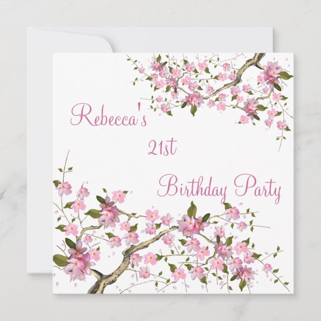Invitación Cumpleaños elegante 21 Cherry Bossom blanco (Anverso)