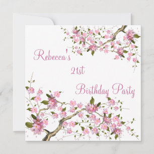 Invitación Cumpleaños elegante 21 Cherry Bossom blanco