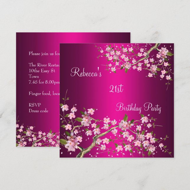 Invitación Cumpleaños elegante 21 Cherry Bossom rosa (Anverso / Reverso)