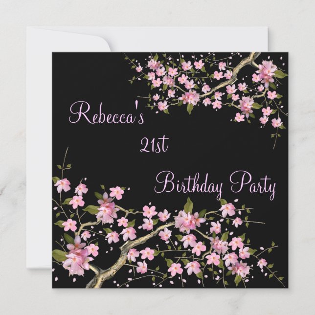 Invitación Cumpleaños elegante 21 de Cherry Bossom negro (Anverso)