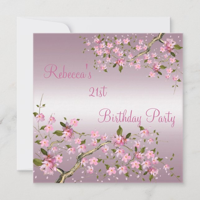 Invitación Cumpleaños elegante 21 de Cherry Bossom rosa (Anverso)