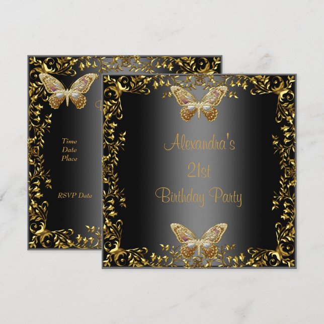 Invitación Cumpleaños elegante 21 mariposa negra dorada (Anverso / Reverso)