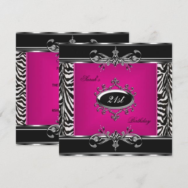 Invitación Cumpleaños elegante 21 rosa cebra negro plata (Anverso / Reverso)