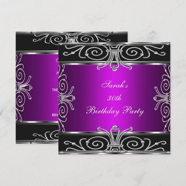 Invitación Cumpleaños elegante 30 Magenta Negro Plateado (Anverso / Reverso)