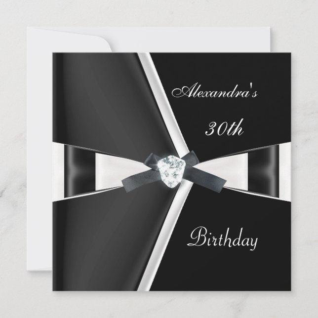 Invitación Cumpleaños elegante 30 negro blanco lazo (Anverso)