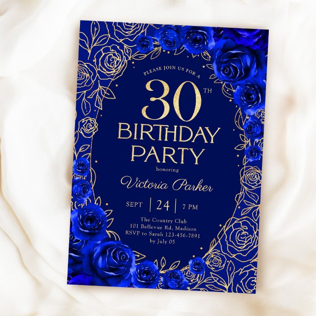Invitación Cumpleaños elegante 30 Royal Blue Floral Dorado (Subido por el creador)