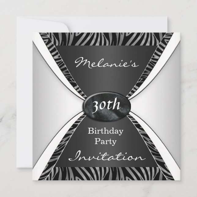Invitación Cumpleaños Elegante 30 Zebra negro Blan (Anverso)