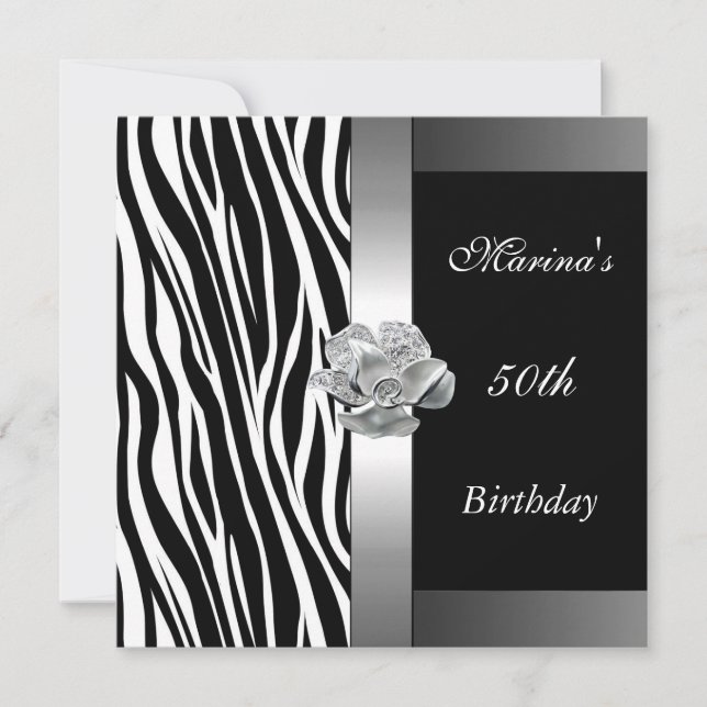 Invitación Cumpleaños Elegante 50 Negro Blanco Plata Cebra (Anverso)