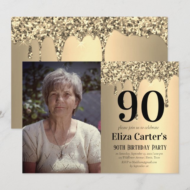 Invitación Cumpleaños elegante 90 dorado  (Anverso / Reverso)