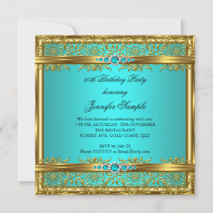 Invitación Cumpleaños Elegante Azul Turquesa Dorado Damasco D
