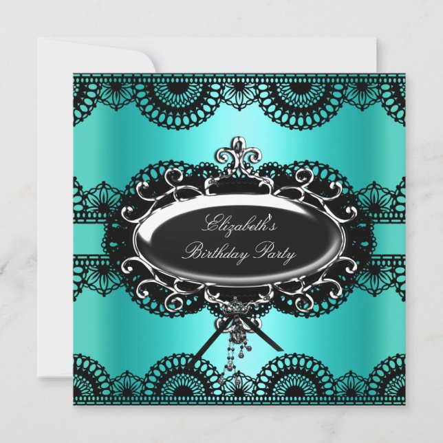 Invitación Cumpleaños Elegante Azul Turquesa Negro Plata Enca (Anverso)