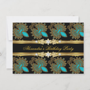 Invitación Cumpleaños elegante azul verde dorado y negro