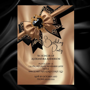 Invitación Cumpleaños Elegante Café Dorado Negro Brocado Lazo