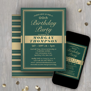 Invitación Cumpleaños elegante caligrafía verde y dorada