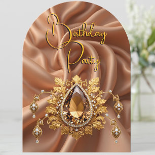 Invitación Cumpleaños Elegante Caramelo Oro Joyas Diamantes