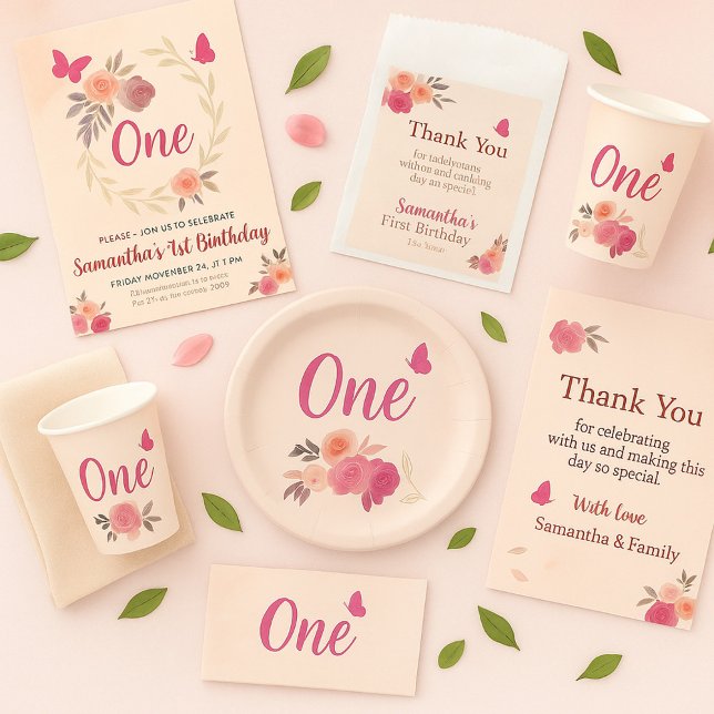 Invitación Cumpleaños elegante con flores de acuarela en rosa (Blush Garden Watercolor First Birthday Collection)