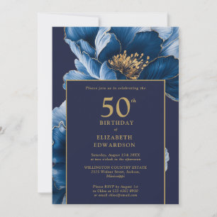 Invitación Cumpleaños elegante con flores en azul marino mode