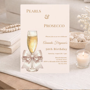 Invitación Cumpleaños elegante con lazo de marfil rosa Prosec