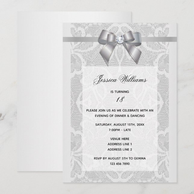 Invitación Cumpleaños elegante con lazo de plata (Anverso / Reverso)