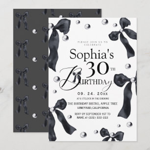 Invitación Cumpleaños elegante con lazo en blanco y negro