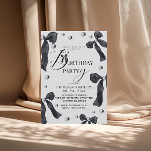 Invitación Cumpleaños elegante con lazo en negro y blanco