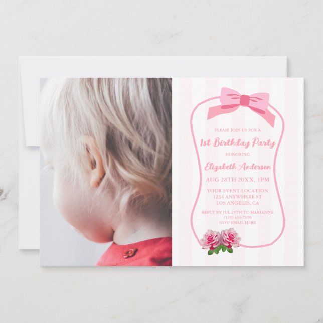 Invitación Cumpleaños elegante con lazo floral (Anverso)