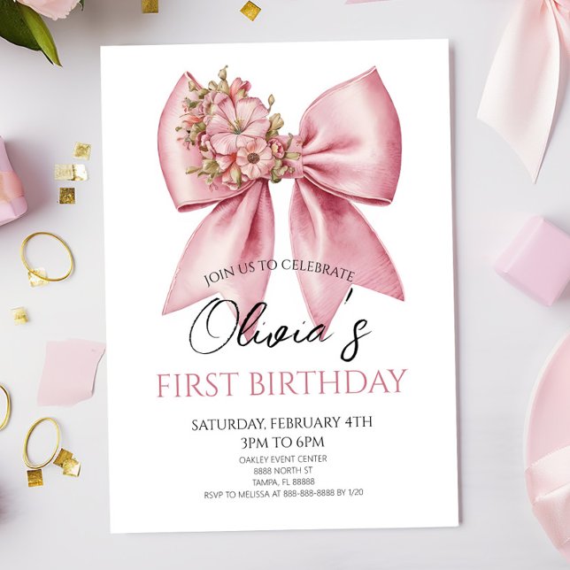 Invitación Cumpleaños Elegante con Lazo Floral Rosa (Subido por el creador)