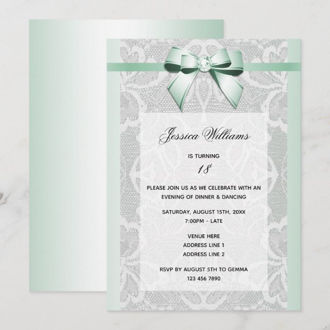Invitación Cumpleaños elegante con lazo y encaje de menta (Anverso / Reverso)
