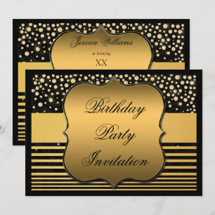 Invitación Cumpleaños elegante con lunares y rayas negras y d