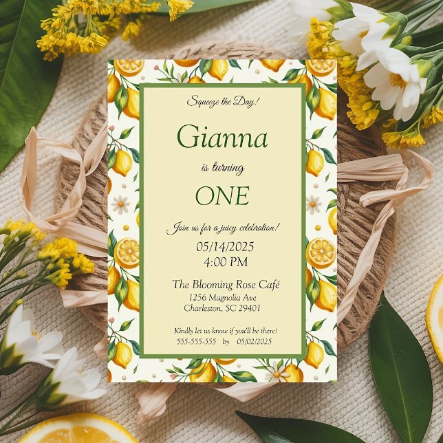 Invitación Cumpleaños elegante con marco de limón amarillo ju (Subido por el creador)