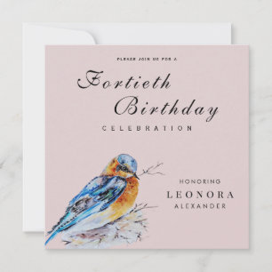 Invitación Cumpleaños Elegante con Pájaro Azul Acuarela