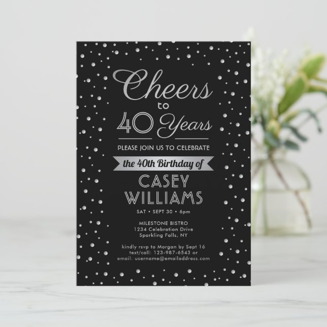 Invitación Cumpleaños Elegante Confeti Negro ANY (Anverso de pie)