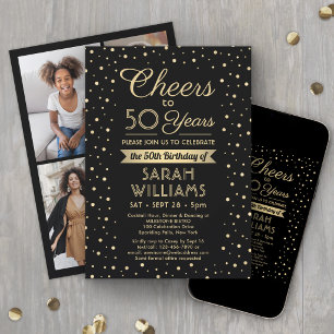 Invitación Cumpleaños Elegante Confeti Negro y Dorado ANY
