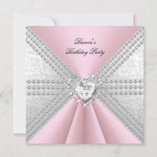 Invitación Cumpleaños Elegante Corazón de Diamante Rosa Plate