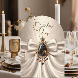 Invitación Cumpleaños Elegante Crema Beige Dorado Lazo de Joy